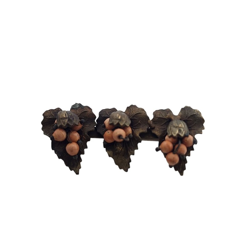 Antique Victorian Brass & Faux Coral Grapes Pin (A3788)